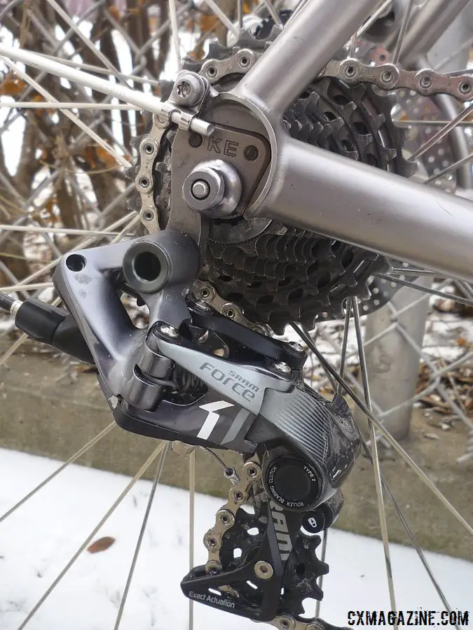 Nice detail on the Eriksen rear dropout. McCarthy uses the Force CX1 Type 2 rear derailleur, medium cage. He uses an 11-26 cassette for commuting, but McCarthy could go 11-32 for adventures.