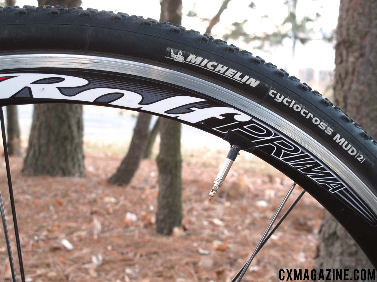 Rolf Prima VXC clincher wheelset, Michelin Mud 2 tires, taped valve stems to keep from rattling.