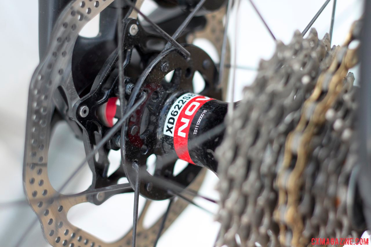 TRP HyRd Disc Brakes, 140mm rear rotor, and Novatec hubs on Justin Lindine\'s Redline Conquest Team Disc cyclocross bike. © Cyclocross Magazine