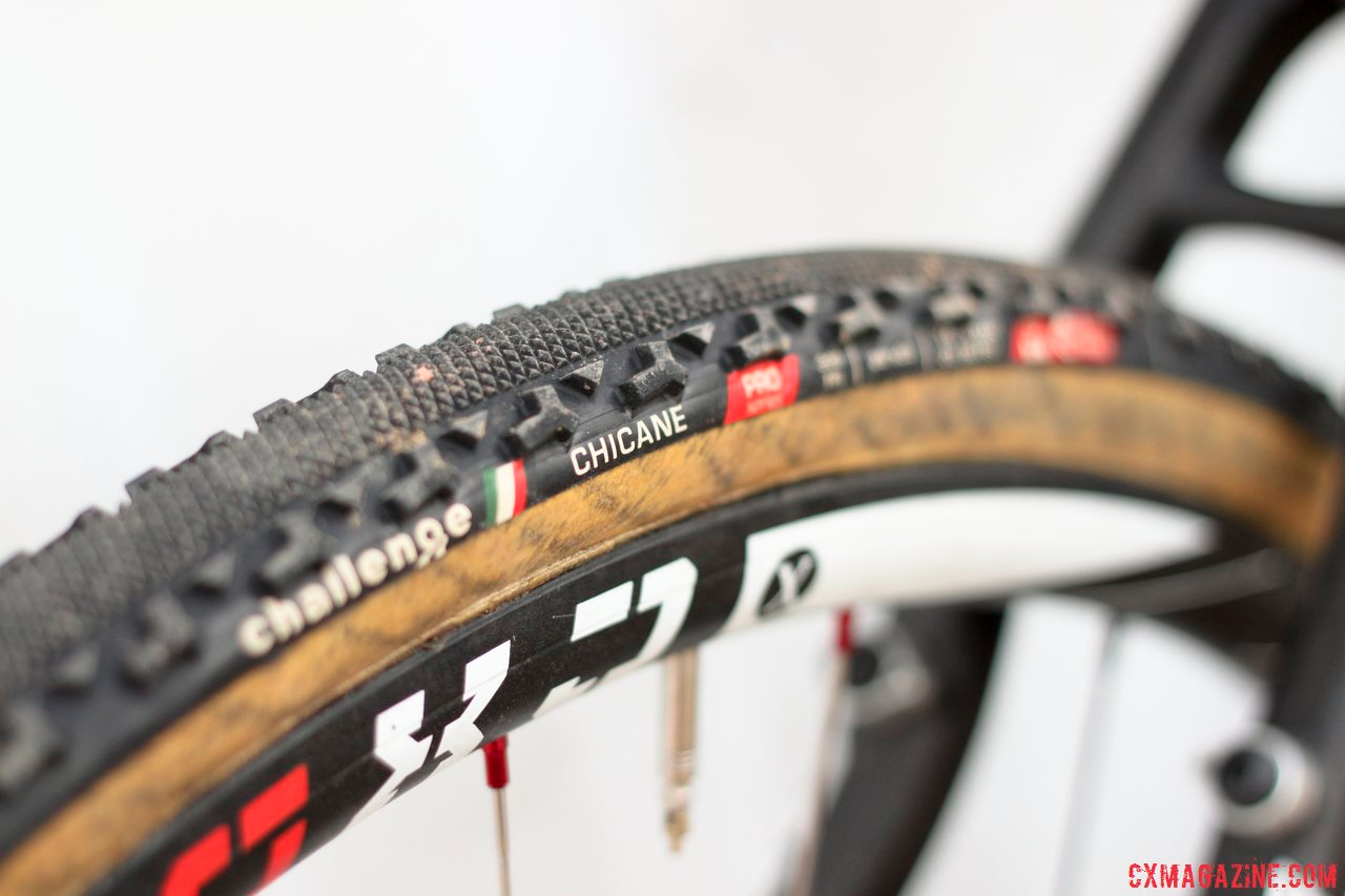 Challenge Chicane tubular tires on 2014 Masters 30-34 National Champion Justin Lindine\'s Redline Conquest Team Disc cyclocross bike. © Cyclocross Magazine