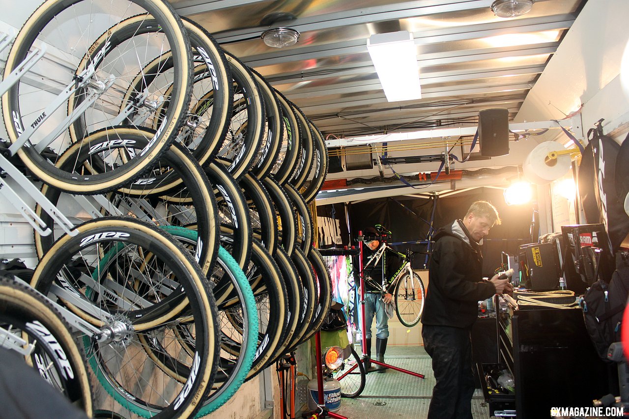 Kaitlin Antonneau had a slew of Dugast-wrapped Zipp wheelsets to choose from, and Stu Thorne to help her choose. © Cyclocross Magazine