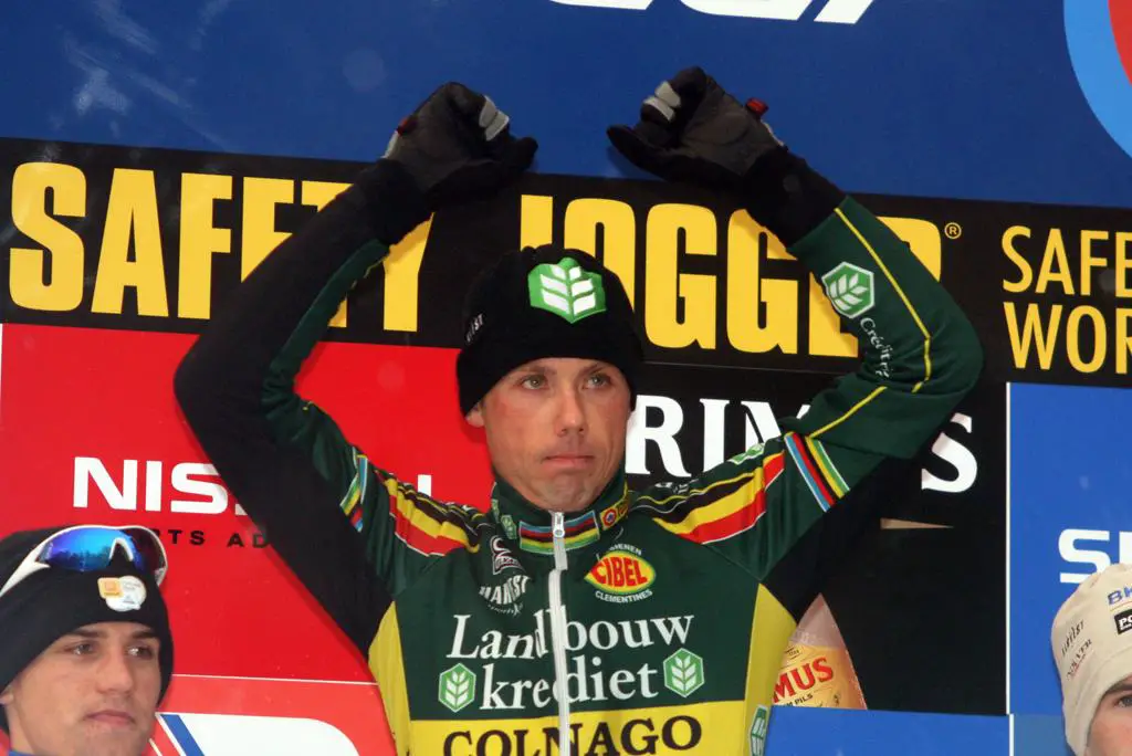 Nys celebrates his Kalmthout World Cup win. ? Bart Hazen