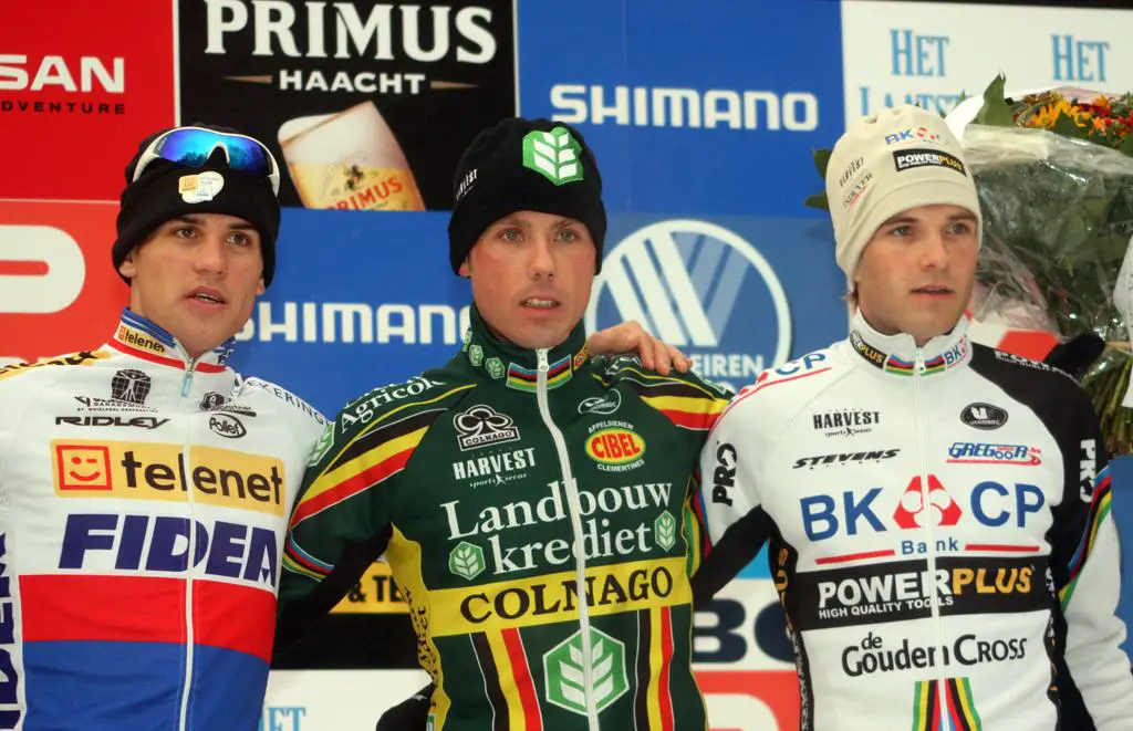 The men's podium: Nys, Stybar, Albert - the same personnel as Worlds 2009. ? Bart Hazen