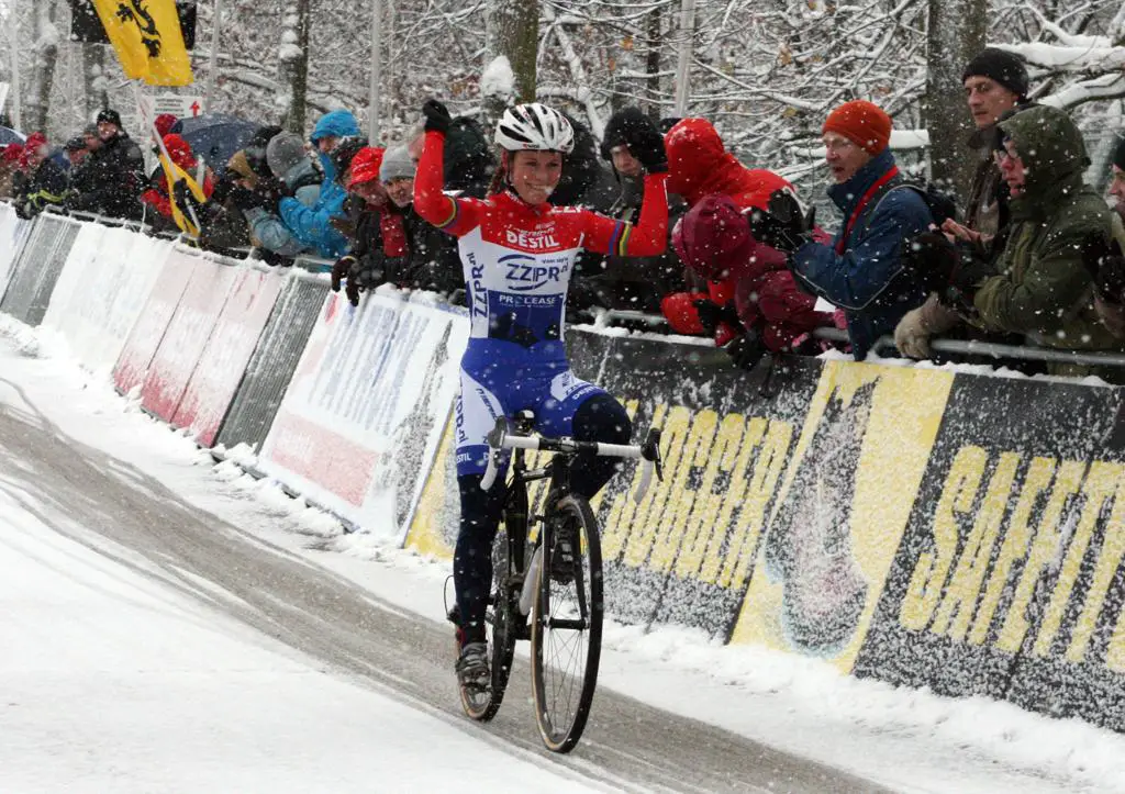 Daphny van den Brand takes the win at the 2009 Kalmthout Cyclocross World Cup. ? Bart Hazen
