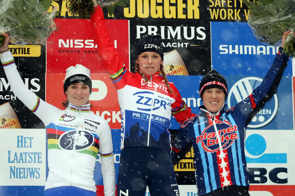 The women\'s podium: 1) van den Brand, 2) Marainne Vos, 3) Katie Compton. ? Bart Hazen