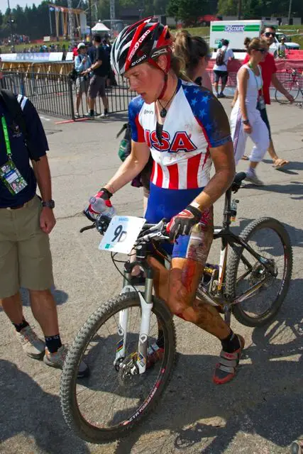 Katie Compton injured her elbow and knee at Mountain Bike Worlds. © Mark Legg-Compton