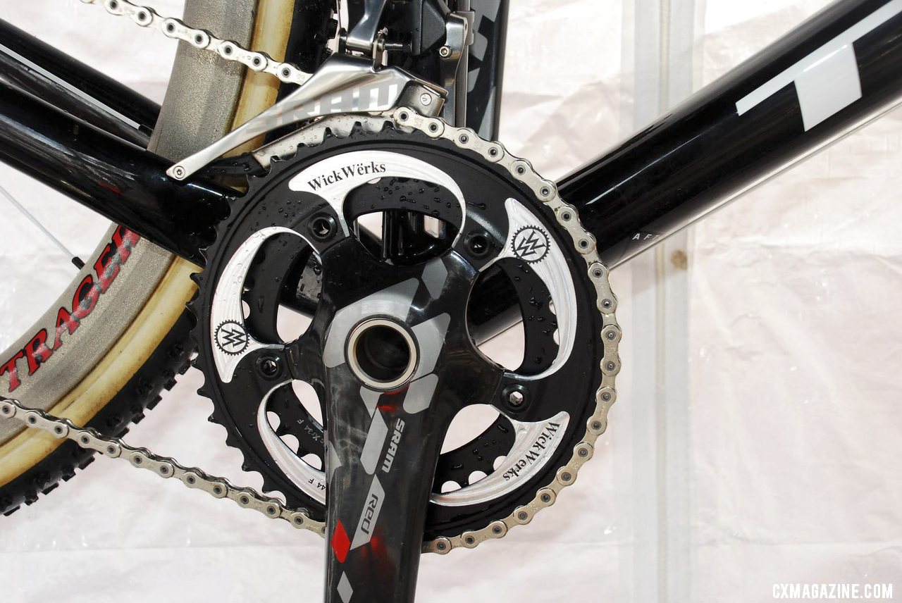 Compton has run WickWerks rings for many years, but is one of the very few SRAM riders to run the real 2012 SRAM Red compact crank and YAW front derailleur instead of the rebadged S900 crank and 2011 front derailleur. © Cyclocross Magazine
