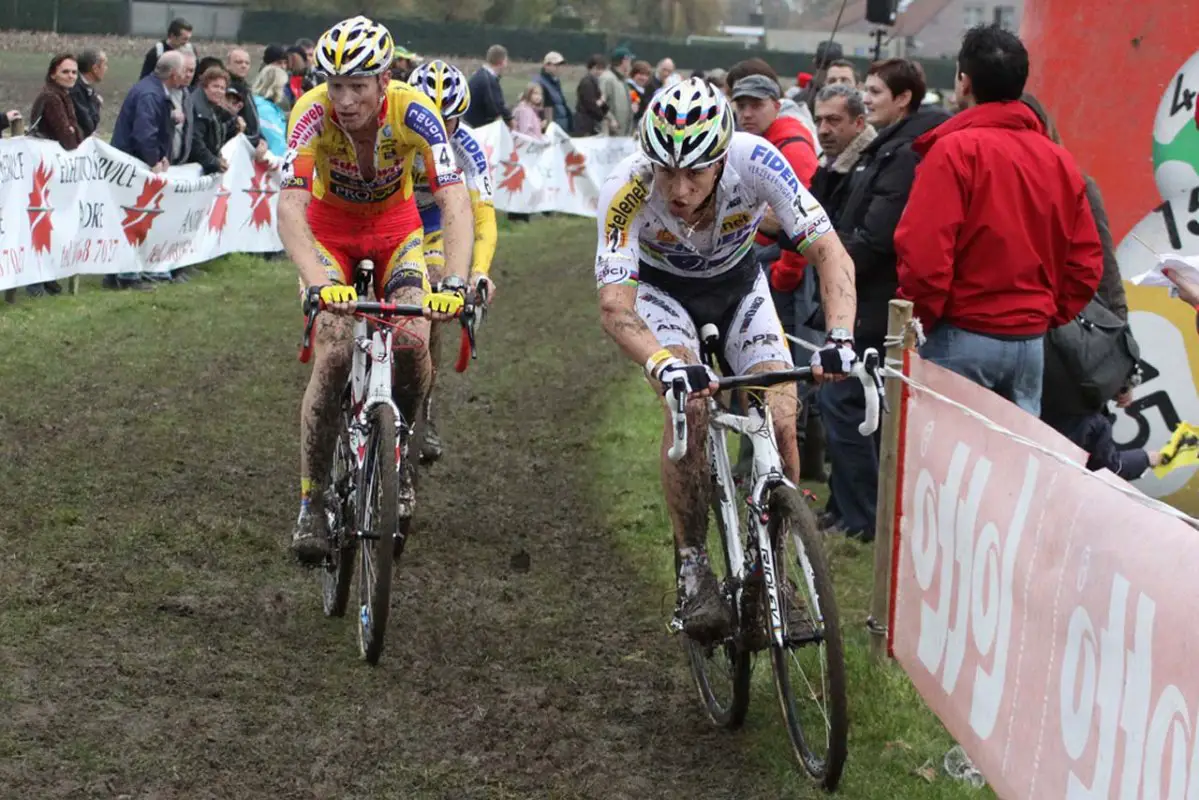 Stybar and Vantornout push through the mud © Bart Hazen