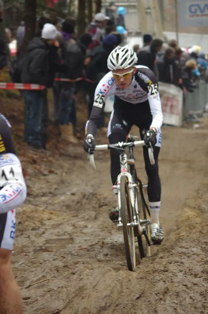 Belgian Dieter Vanthourenhout finds the good line through the mud.  Photo courtesy of Christine Vardaros.