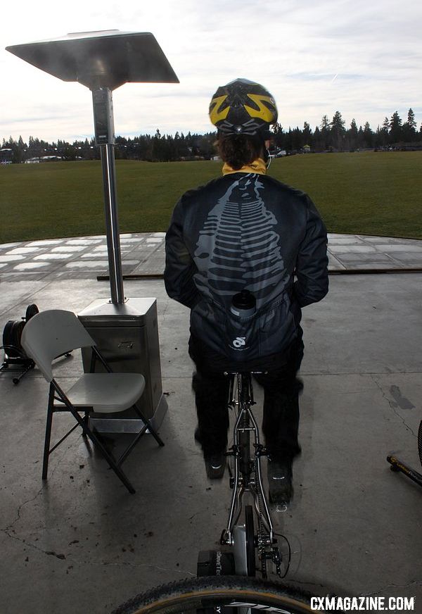 Racers enjoyed a view of the course while warming up on the Revolution trainers in Bend.  © Cyclocross Magazine