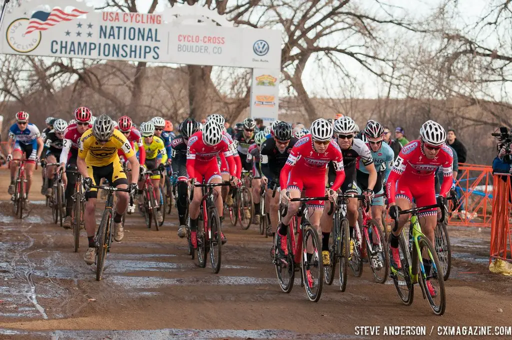 Cody Kaiser going for the holeshot in U23 2014 Cyclocross National Championships. © Steve Anderson