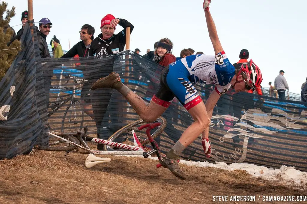 A graceful moment in a crash in U23 2014 Cyclocross National Championships. © Steve Anderson