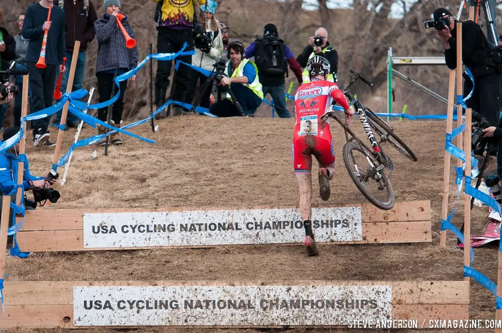 Owen up the steps in U23 2014 Cyclocross National Championships. © Steve Anderson