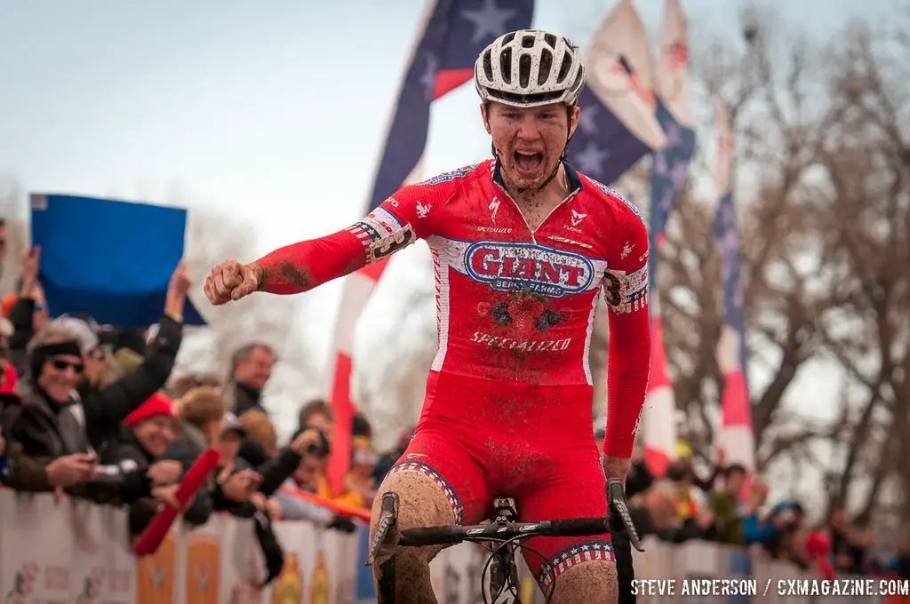 Owen with the win in U23 2014 Cyclocross National Championships. © Steve Anderson
