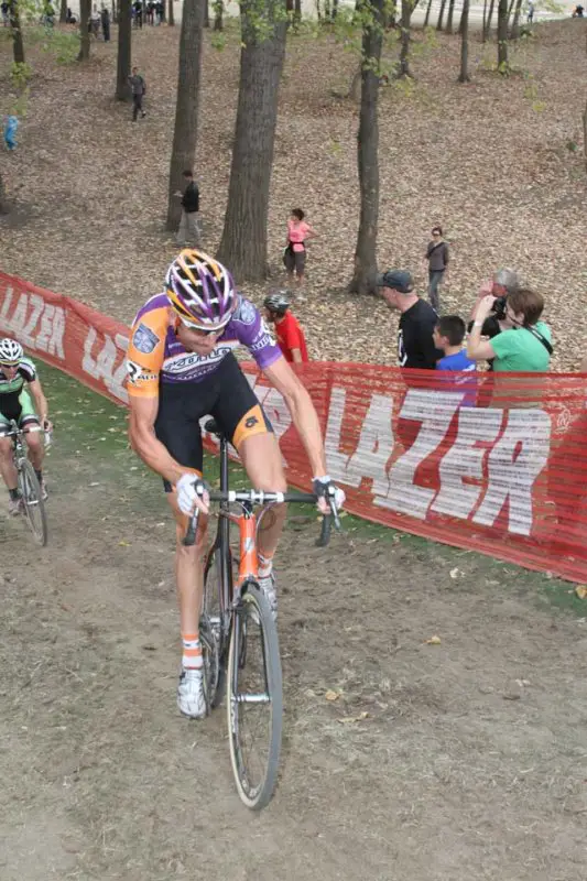 Early in the race, Trebon was leading Powers up a climb © Amy Dykema