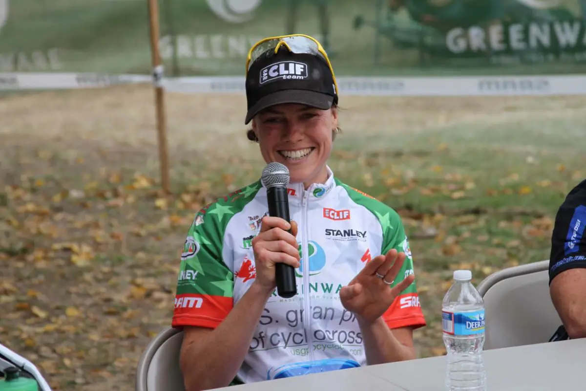 Georgia is happy about her win and about being in the leader\'s jersey at the Q&A  © Amy Dykema