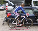 Katie Compton warming up before the pro women's race © Amy Dykema