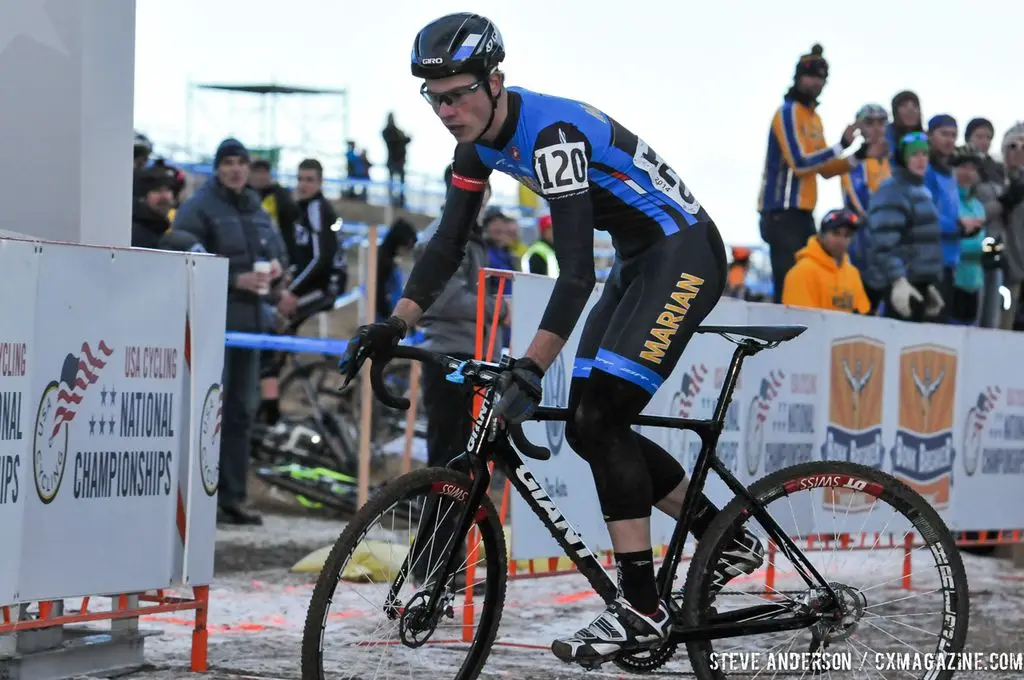 Johnson skidding across the line in the first ever Collegiate Relay at the 2014 National Cyclocross Championships. © Steve Anderson