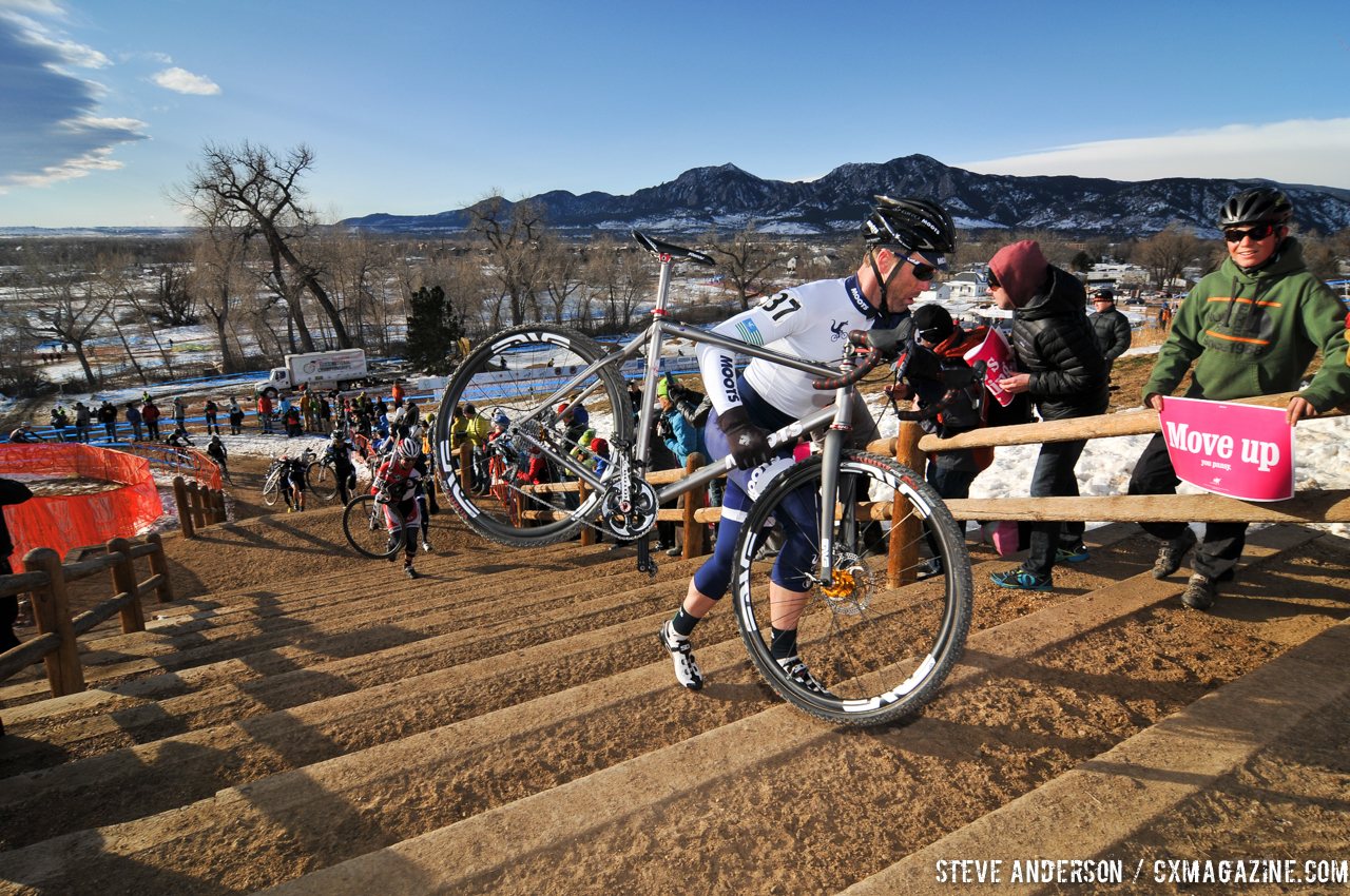 Robson leads the men up the stairs on Lap 1. 2014 Masters 45-49 Cyclocross National Championships. © Steve Anderson