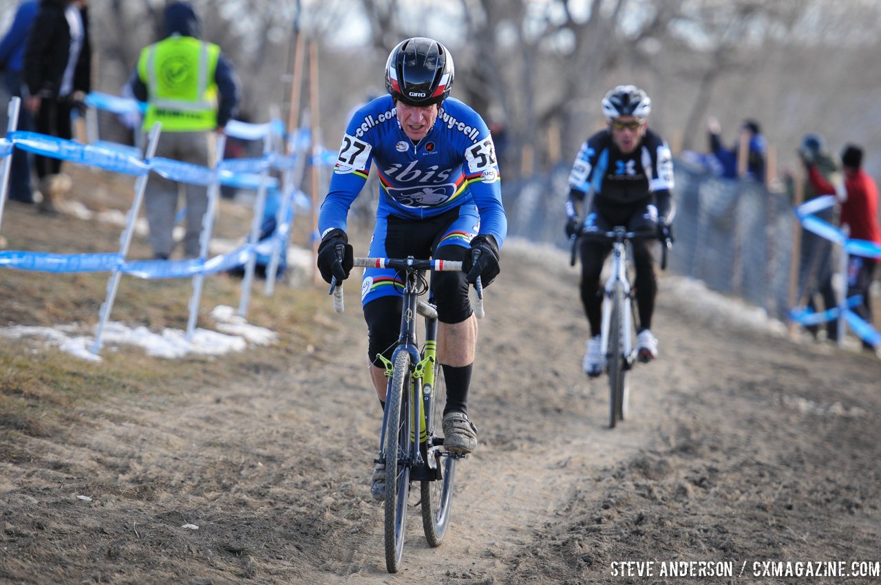 Myrah leading the chase of Robson. 2014 Masters 45-49 Cyclocross National Championships. © Steve Anderson