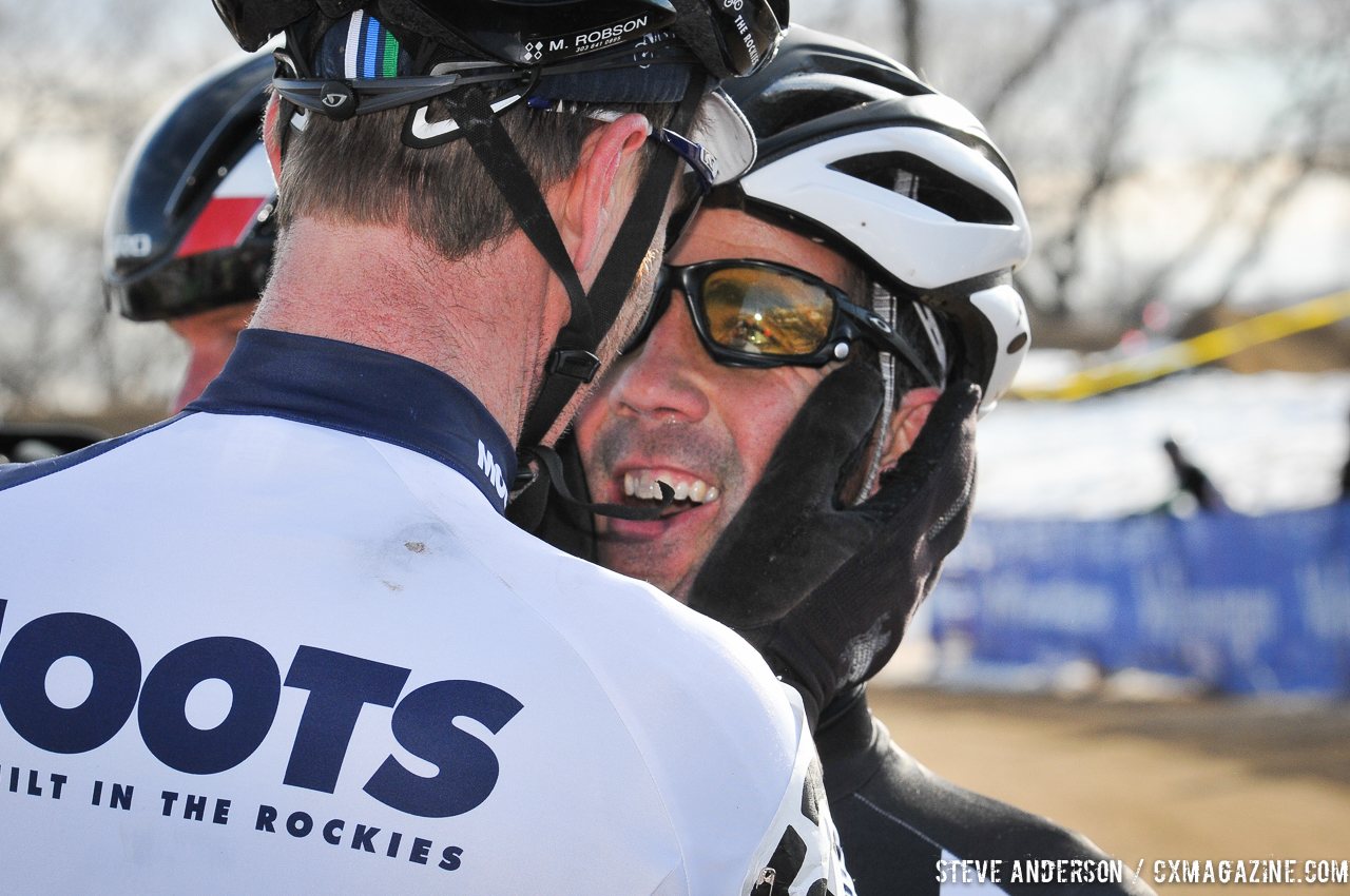 Robson congratulating Faia. 2014 Masters 45-49 Cyclocross National Championships. © Steve Anderson