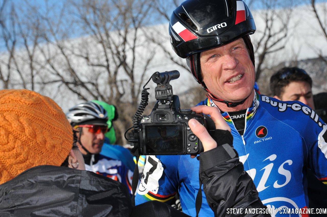 Myrah being interviewed by Cyclocross Magazine's Molly Hurford. 2014 Masters 45-49 Cyclocross National Championships. © Steve Anderson