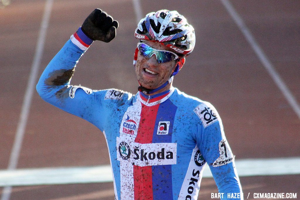 Zdenek Stybar is a happy champion giving a farewell present to T