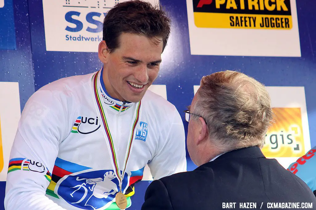 World Champion Zdenek Stybar gets the congratulations of UCI pre