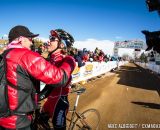 There may not be a ton of spectators lining the course and a media horde waiting at the finish line for the  juniors but they race and train as hard as any competitor and victory is just as sweet.  Here, Calder Wood of Anacortes, WA get greated by Rad Racing NW coach Jim Brown after winning the 13-14 category