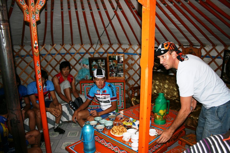 The team meets over breakfast in a traditional yurt. Photo: Courtesy Tom Lanhove