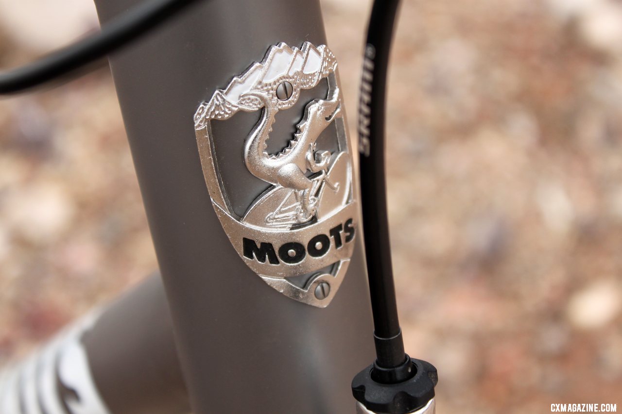 No shiny stickers here - a real headbadge from Moots in Steamboat Springs, Colorado. © Cyclocross Magazine