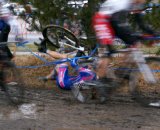 One of the crashes as the 50-54 men hit the mud for the first time ©Kenton Berg