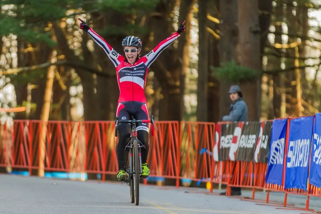 Emma White (Cyclocrossworld.com) celebrates her victory. © Todd Prekaski