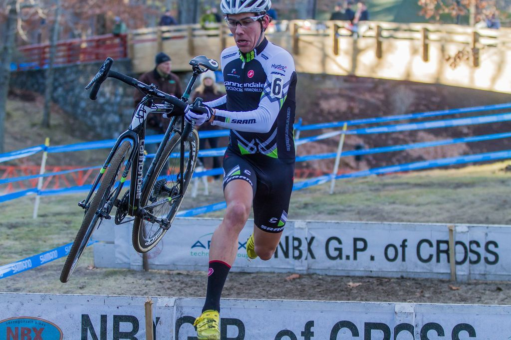 Curtis White (Cannondale p/b Cyclocrossworld) negotiating the barriers. © Todd Prekaski