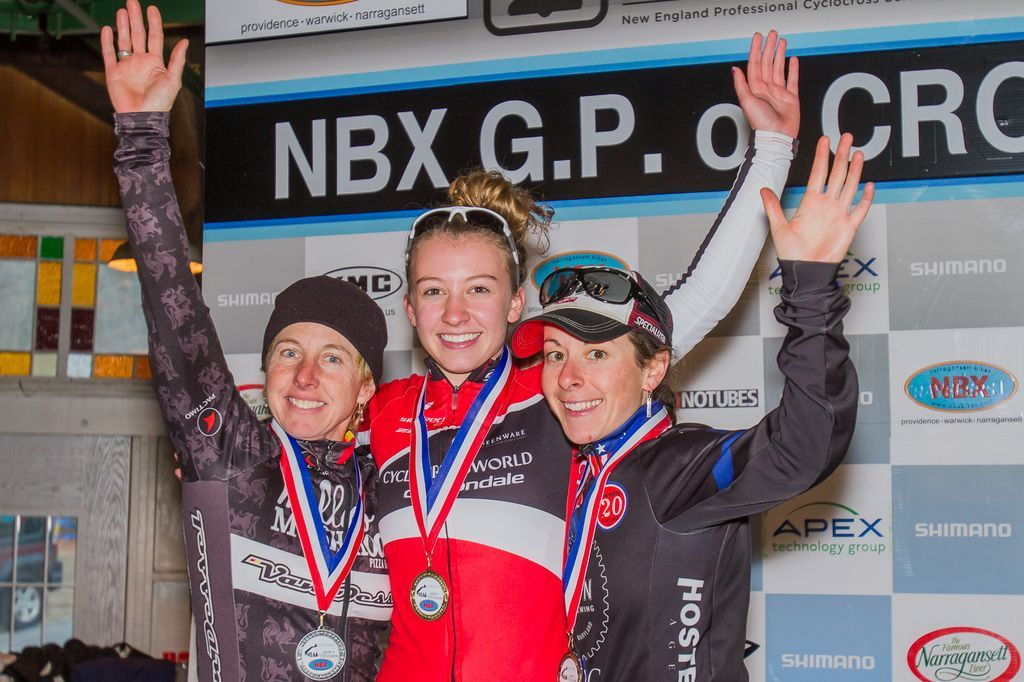 The Elite Women\'s podium (L-R): Laura Van Gilder (Van Dessel p/b Mellow Mushroom), 2nd; Emma White (Cyclocrossworld.com), 1st; Arley Kemmerer (C3 Twenty20 Cycling), 3rd. © Todd Prekaski