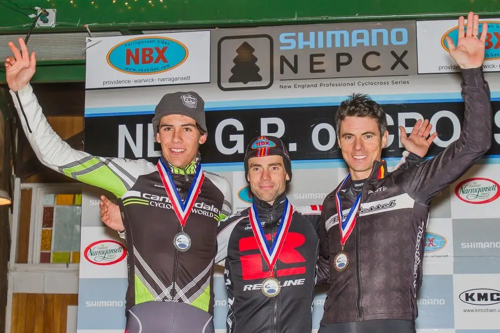 The Elite Men\'s podium (L-R): Curtis White (Cannondale p/b Cyclocrossworld.com), 2nd; Justin Lindine (Redline-NBX), 1st; Mike Garrigan (Van Dessel), 3rd. © Todd Prekaski