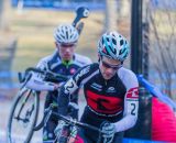 Justin Lindine (Redline-NBX) leading Curtis White (Cannondale p/b Cyclocrossworld) on a run up. © Todd Prekaski