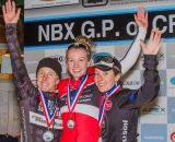 The Elite Women's podium (L-R): Laura Van Gilder (Van Dessel p/b Mellow Mushroom), 2nd; Emma White (Cyclocrossworld.com), 1st; Arley Kemmerer (C3 Twenty20 Cycling), 3rd. © Todd Prekaski