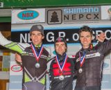 The Elite Men's podium (L-R): Curtis White (Cannondale p/b Cyclocrossworld.com), 2nd; Justin Lindine (Redline-NBX), 1st; Mike Garrigan (Van Dessel), 3rd. © Todd Prekaski