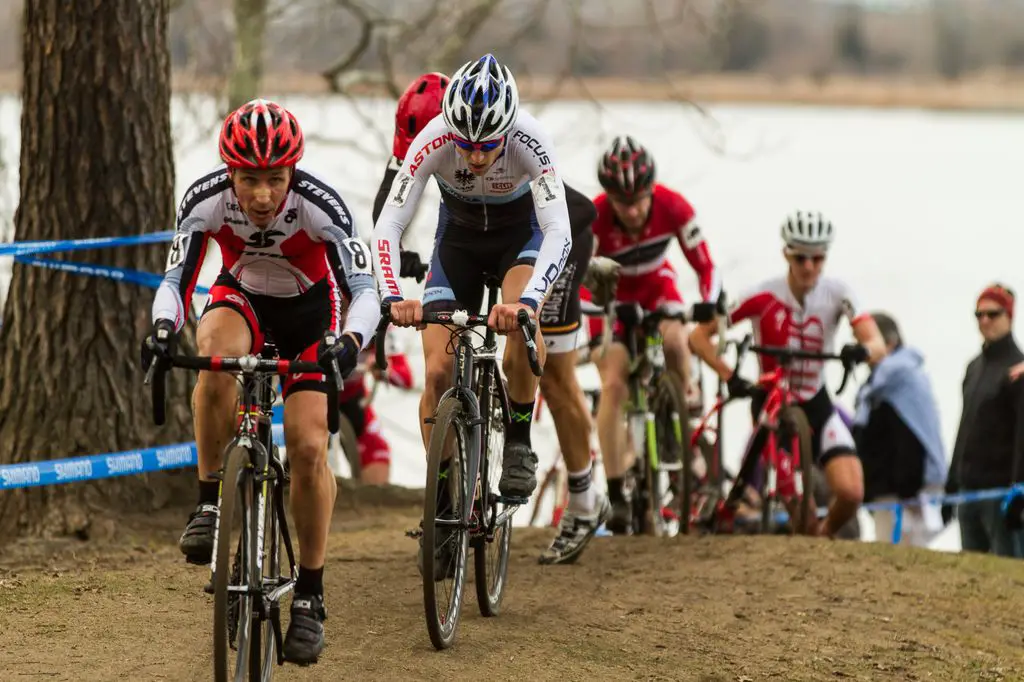 St. John pushes the pace with Durrin behind him, both working to shed numbers from the large lead group. © Todd Prekaski