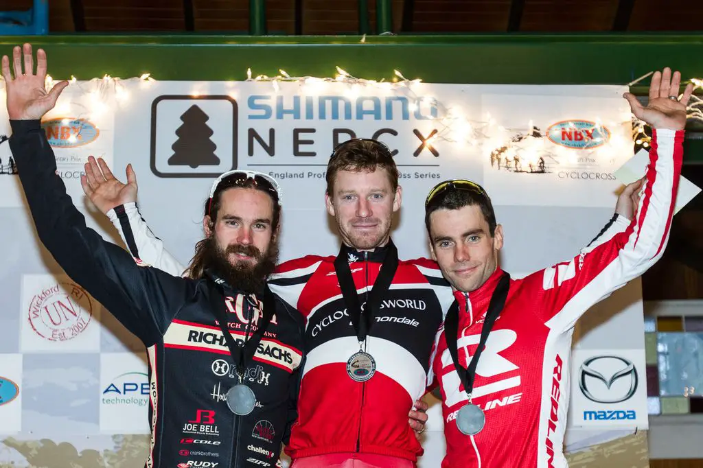 Today\'s Elite Men\'s podium: Lindine third, Timmerman second, and Milne wins again. © Todd Prekaski