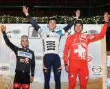 Shimano Elite Series podium (L to R): Justine Lindine, Luke Keough, Christian Heule. ©Natalia Boltukhova | Pedal Power Photography