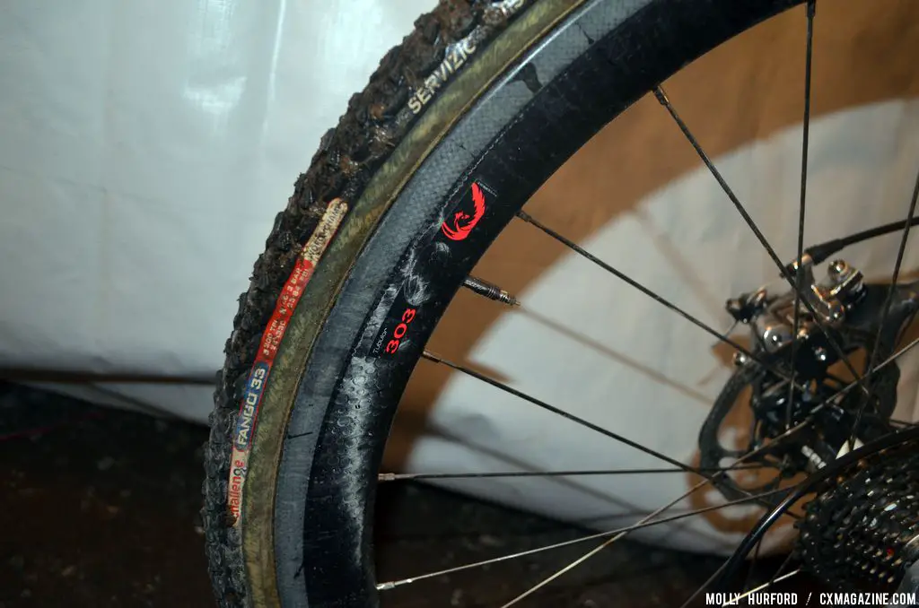 Zipp doesn\'t have a disc wheelset yet, so they built this: SRAM Rise 60 Hub / ZIPP 303 Firecrest Tubular Rim (Black Box). © Cyclocross Magazine