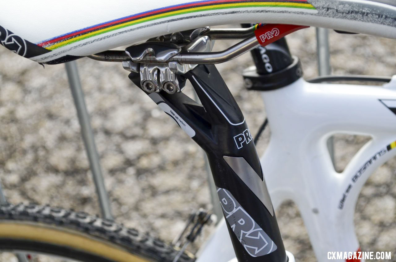 A Shimano PRO Vibe carbon post and his own World Champion-striped PRO Turnix saddle. © Cyclocross Magazine