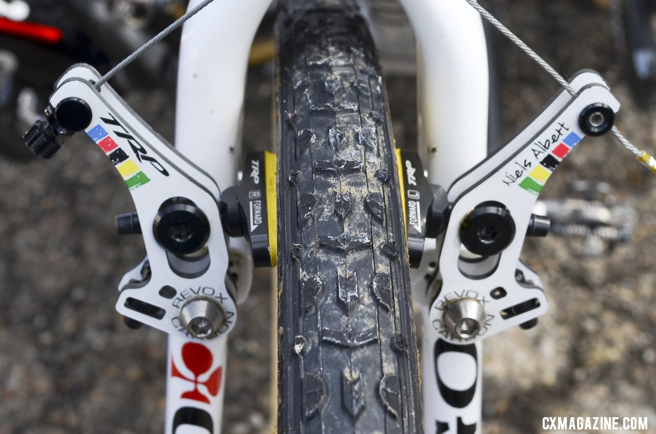 Niels Albert\'s uses the TRP Revo-X carbon low-profile cantilever brakes to stop his freshly glued Dugast Typhoon tires.  © Cyclocross Magazine