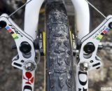 Niels Albert's uses the TRP Revo-X carbon low-profile cantilever brakes to stop his freshly glued Dugast Typhoon tires.  © Cyclocross Magazine