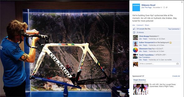 Shimano shows of Sven Nys\' adapted disc brake-equipped Colnago Prestige cyclocross bike. 