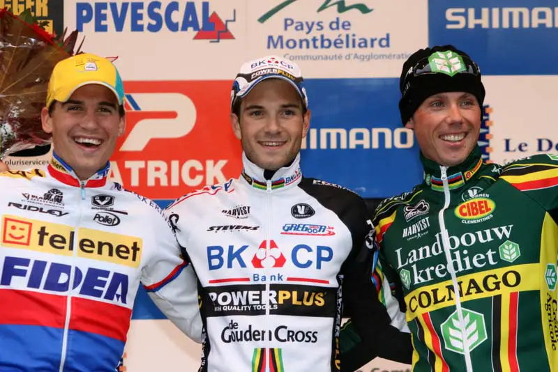 The men's podium, left to right: Stybar, Albert, Nys. ? Bart Hazen