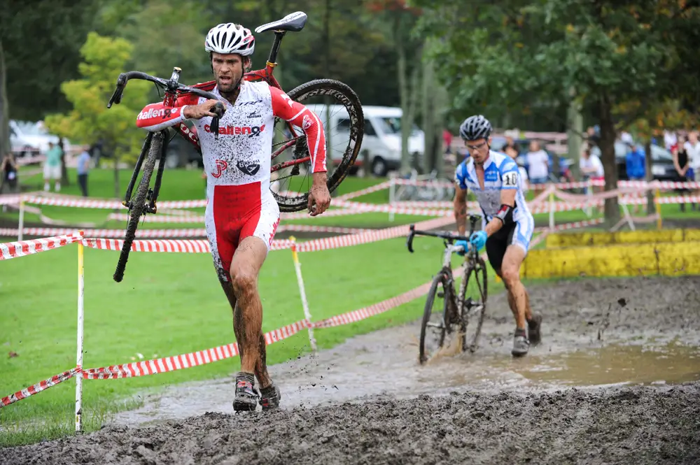 Racers had trouble with the barriers, since they sank into the mud and water.  ©  Jeff Bramhall