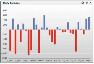 Using the program, the blue bars indicate a caloric excess whereas red indicates a caloric deficit.